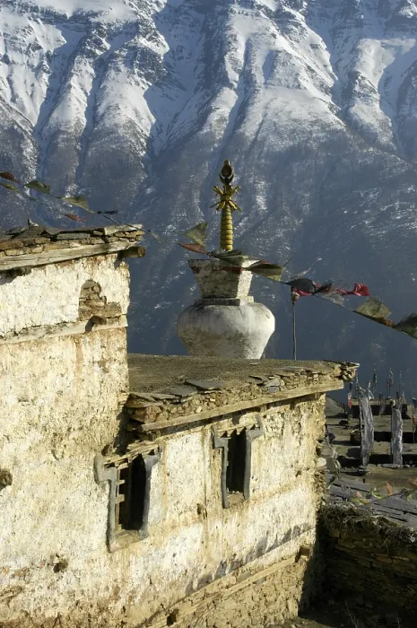 Framed Print : Stupa and prayer flags, Gompa Monastery in front of snowy mountain slope Framed Print : Stupa and prayer flags, Gompa Monastery in front of snowy mountain slope