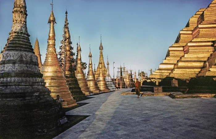 Framed Print : Stupas and monk on the top step of Shwedagon Pagoda Framed Print : Stupas and monk on the top step of Shwedagon Pagoda