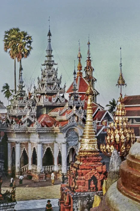 Framed Print : Stupas, palm trees and Burmans on Shwedagon Pagoda