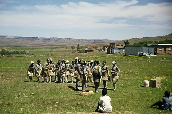 Framed Print : Subtitle: Basuto Dancers South Africa 1979 Group of women in traditional costume practise their dance in a rural setting
