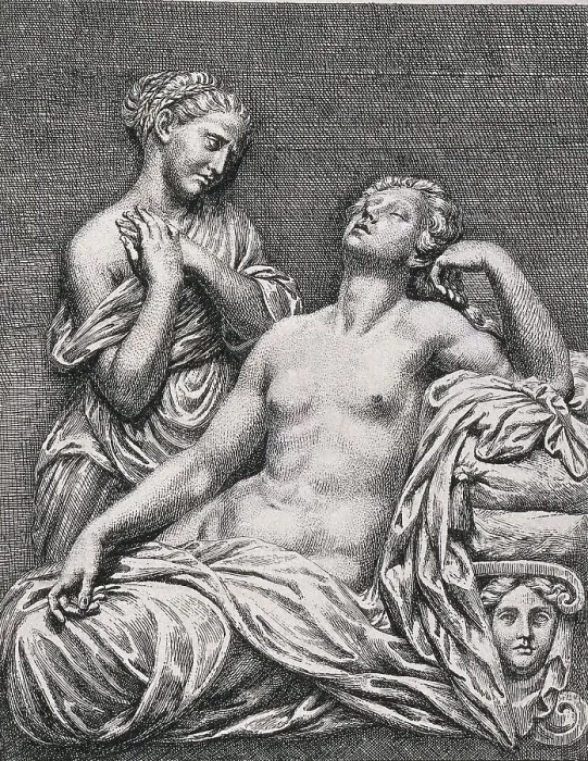Framed Print : The suicide of Cleopatra, Cleopatra lies dead on her bed and is mourned by a servant Framed Print : The suicide of Cleopatra, Cleopatra lies dead on her bed and is mourned by a servant