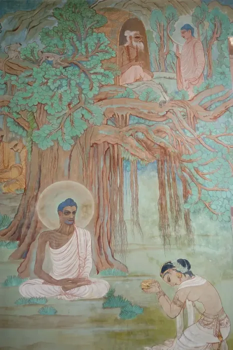 Framed Print : Sujata offering milk to Buddha who is living as an ascetic in the forest