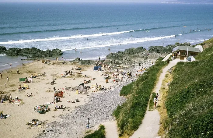 Framed Print : Summer beach, probably Putsborough Beach, North Devon, England, Great Britain 1974