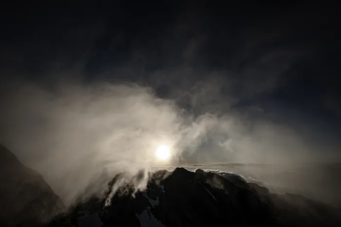 Framed Print : Summit of the Altmann with wispy clouds at sunrise