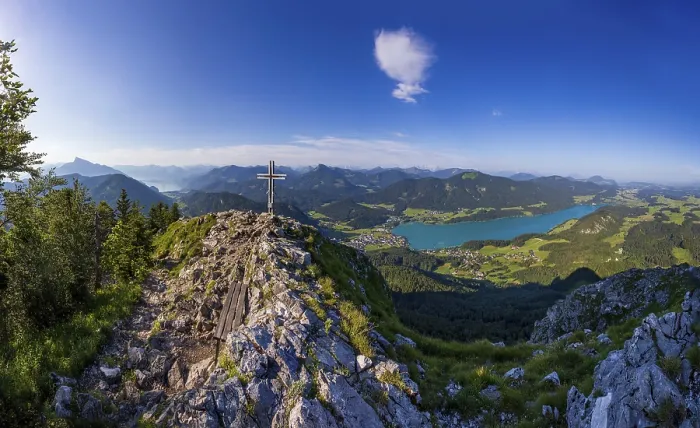 Framed Print : Summit cross on the Frauenkopf with a view of Lake Fuschl Framed Print : Summit cross on the Frauenkopf with a view of Lake Fuschl