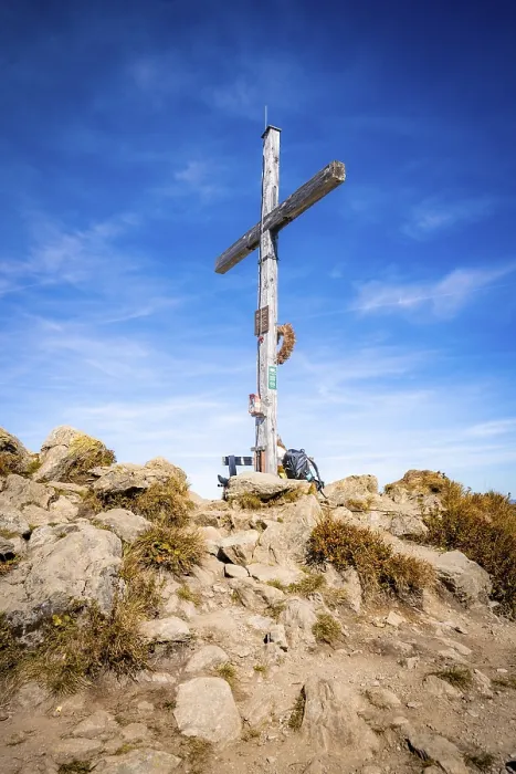 Framed Print : Summit cross in rocky mountain landscape in autumn Framed Print : Summit cross in rocky mountain landscape in autumn