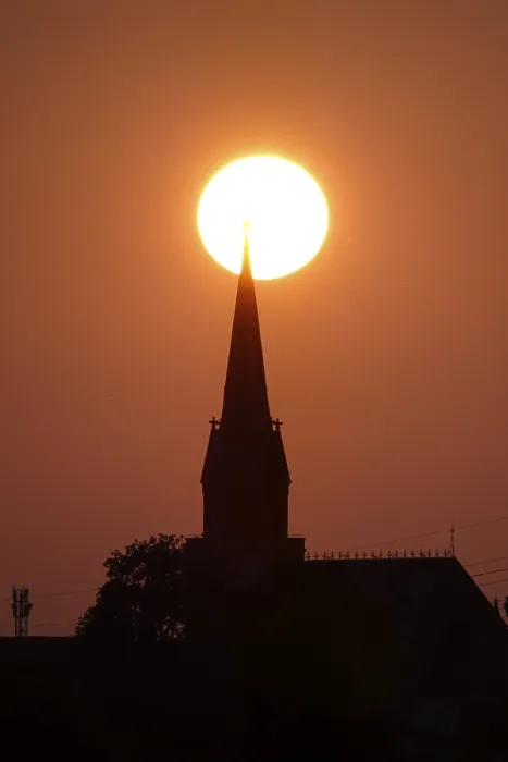 Framed Print : Sun in the evening in June, church tower, Germany Framed Print : Sun in the evening in June, church tower, Germany