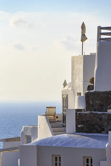 Framed Print : Sun lounger on terrace, holiday home with sea view Framed Print : Sun lounger on terrace, holiday home with sea view