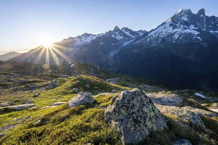 Framed Print : Sun shines over mountains, Glacier d'Argentiere and Aiguille Verte