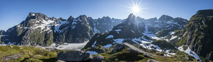 Framed Print : Sun shining on mountains with snow Framed Print : Sun shining on mountains with snow