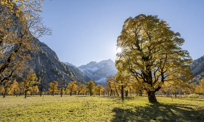 Framed Print : Sun star, Spitzkarspitze and Grosser Ahornboden in autumn