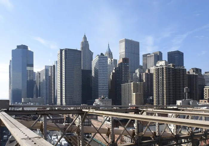 Framed Print : Sunny city view of New York seen from Brooklyn Bridge (USA)