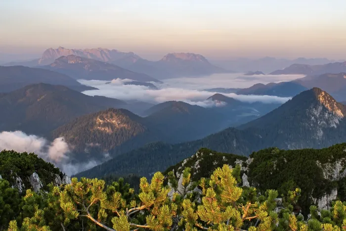 Framed Print : Sunrise in the Chiemgau Alps with a view of the Wilder Kaiser and fog in the valley