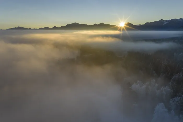 Framed Print : Sunrise, fog, high fog, mountain landscape Framed Print : Sunrise, fog, high fog, mountain landscape