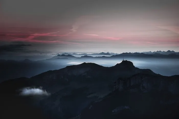 Framed Print : Sunrise and fog over mountains towards Lake Constance from summit Schaefler