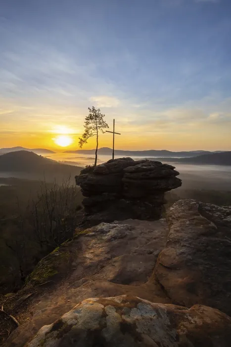 Framed Print : Sunrise with fog, peak with cross and tree on a sandstone rock Framed Print : Sunrise with fog, peak with cross and tree on a sandstone rock