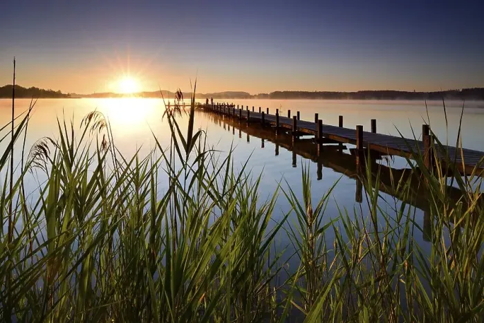 Framed Print : Sunrise, jetty on lake Woerthsee