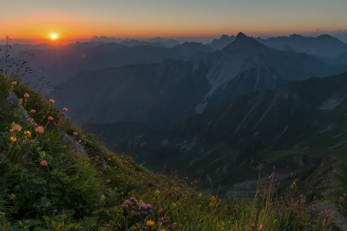 Framed Print : Sunrise over Lechtal Alps with flower meadow in the foreground Framed Print : Sunrise over Lechtal Alps with flower meadow in the foreground