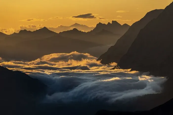 Framed Print : Sunrise over Lechtal Alps with fog in the valley