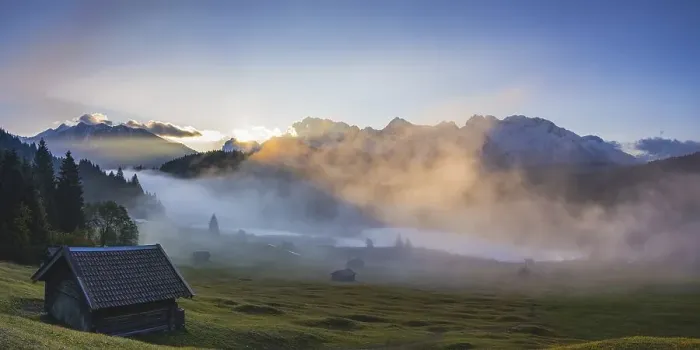 Framed Print : Sunrise and morning fog, Geroldsee
