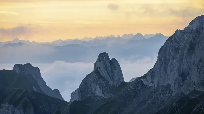 Framed Print : Sunrise, mountains in the fog, Saentis Framed Print : Sunrise, mountains in the fog, Saentis