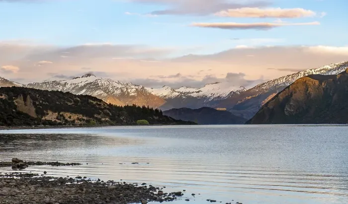 Framed Print : Sunrise, mountains with snow at Lake Wanaka
