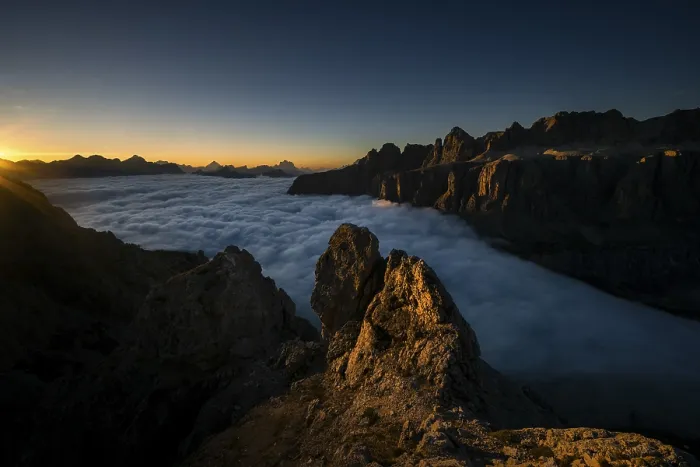 Framed Print : Sunrise over a sea of fog and Dolomite peaks in the background Framed Print : Sunrise over a sea of fog and Dolomite peaks in the background