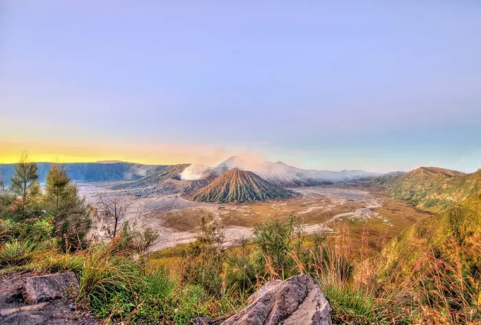 Framed Print : Sunrise, smoking volcano Mount Bromo, Mt