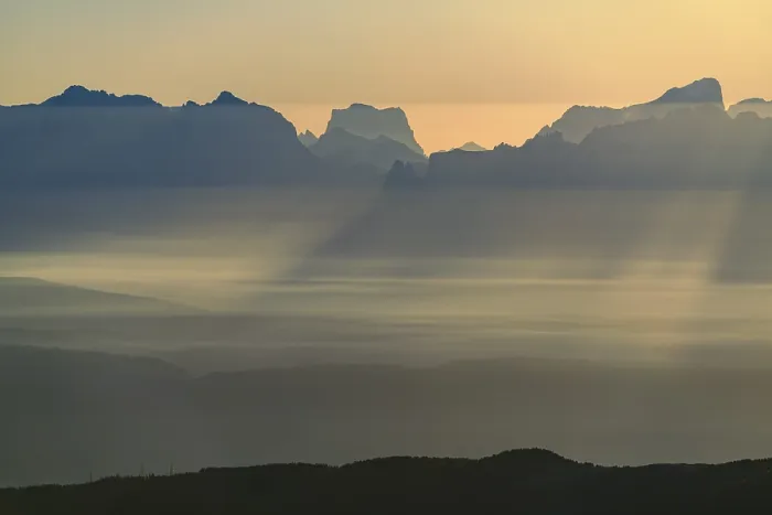 Framed Print : Sunrise over South Tyrolean mountains with haze in the valley Framed Print : Sunrise over South Tyrolean mountains with haze in the valley