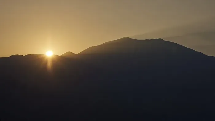 Framed Print : Sunrise, sun solidifies behind the double peak of Psiloritis