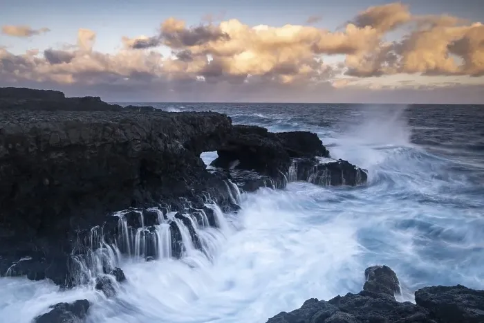 Framed Print : Sunrise, surf on rocky lava coast Framed Print : Sunrise, surf on rocky lava coast