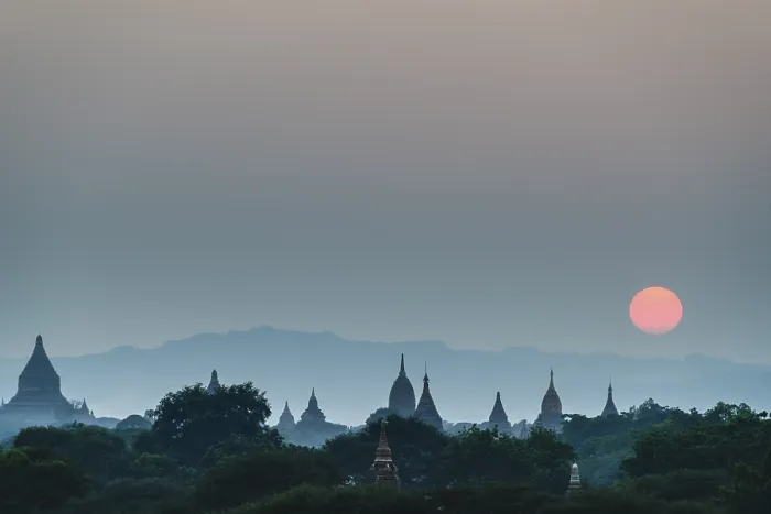 Framed Print : Sunrise, temples in the morning mist