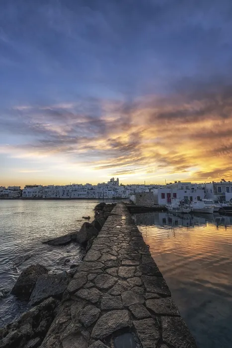 Framed Print : Sunrise view over Naousa Marina in Paros taken during winter season