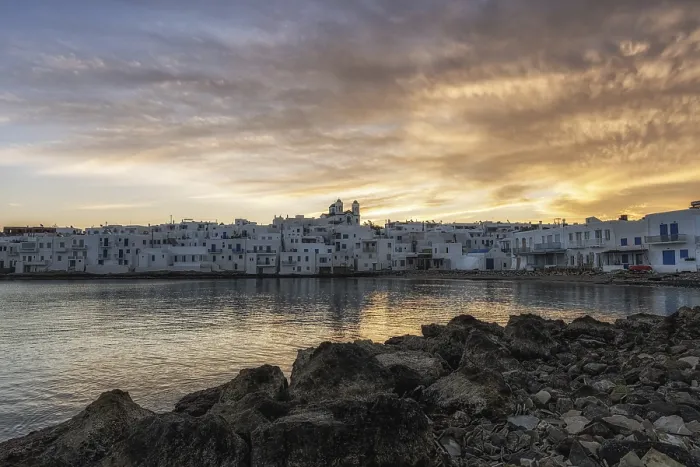 Framed Print : Sunrise view over Naousa Marina in Paros taken during winter season