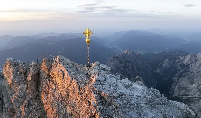 Framed Print : Sunset, aerial view, Zugspitze and summit cross