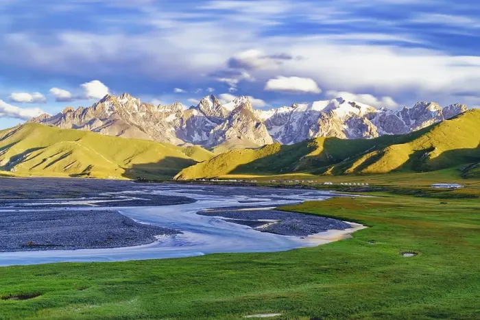Framed Print : Sunset over the Central Tien Shan Mountains and glacier river Framed Print : Sunset over the Central Tien Shan Mountains and glacier river