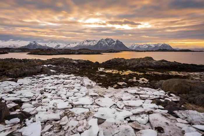 Framed Print : Sunset on the coast of Laukvik in winter