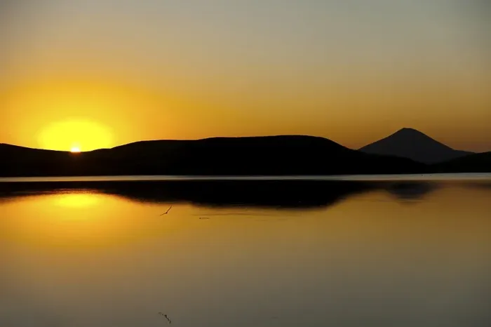 Framed Print : Sunset, crater landscape on Lake Myvatn