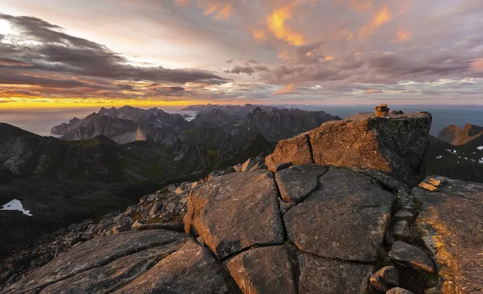 Framed Print : Sunset with dramatic clouds, view from the top of Hermannsdalstinden Framed Print : Sunset with dramatic clouds, view from the top of Hermannsdalstinden
