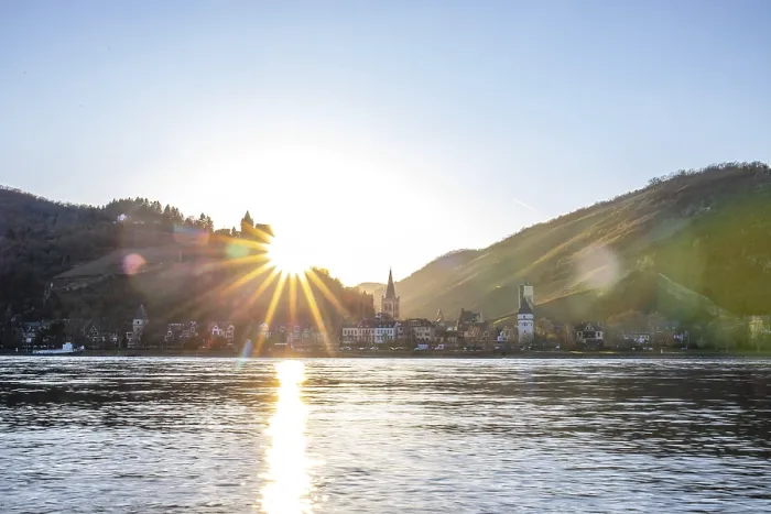 Framed Print : Sunset over the hills by the river