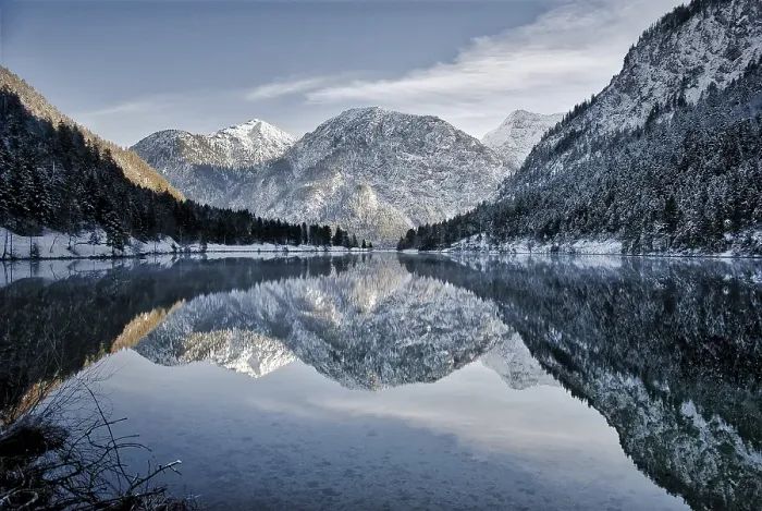 Framed Print : Sunset from lake in winter, Plansee