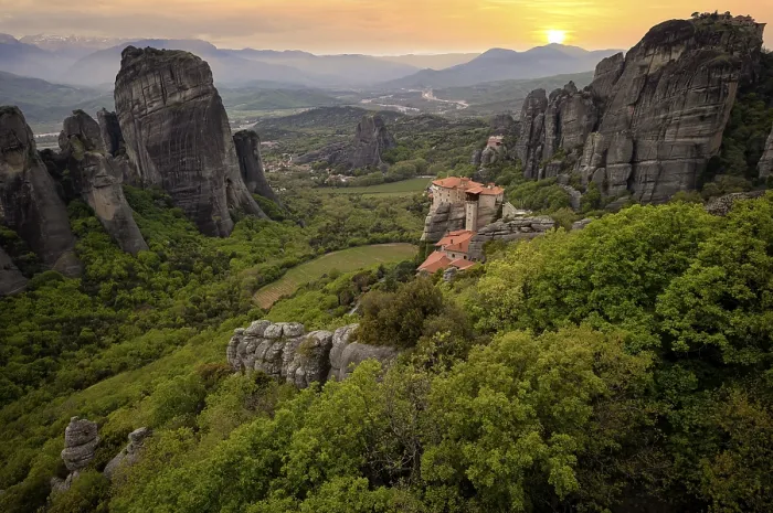 Framed Print : Sunset over the Monastery of Rousanou and the Monastery of St Nicholas Anapavsa
