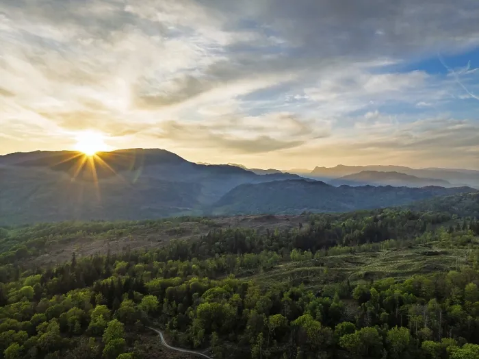 Framed Print : Sunset over Mountains and Coniston Water from drone