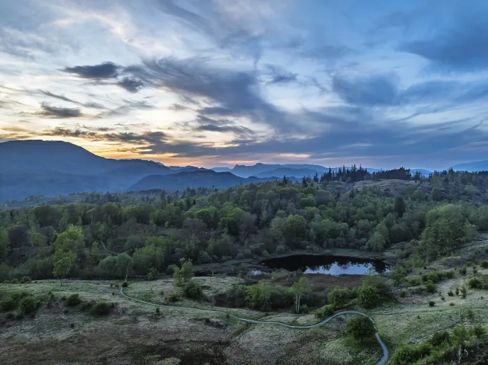 Framed Print : Sunset over Mountains and Coniston Water from drone