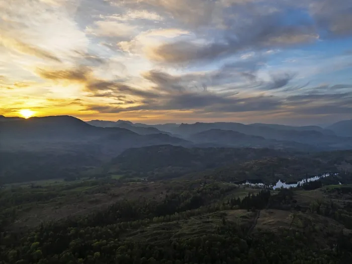 Framed Print : Sunset over Mountains and Coniston Water from drone