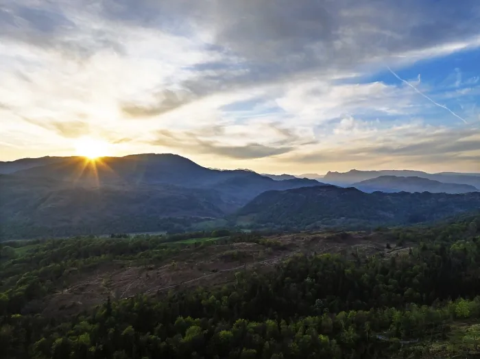 Framed Print : Sunset over Mountains and Coniston Water from drone Framed Print : Sunset over Mountains and Coniston Water from drone