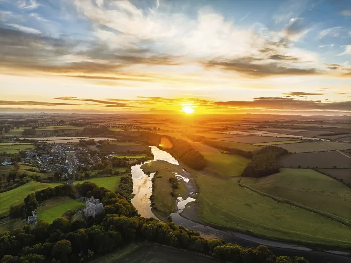 Framed Print : Sunset over Norham Castle and River Tweed from a drone Framed Print : Sunset over Norham Castle and River Tweed from a drone