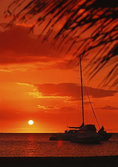 Framed Print : Sunset, palm beach, catamaran, island of Kauai, Hawaii, USA, North America