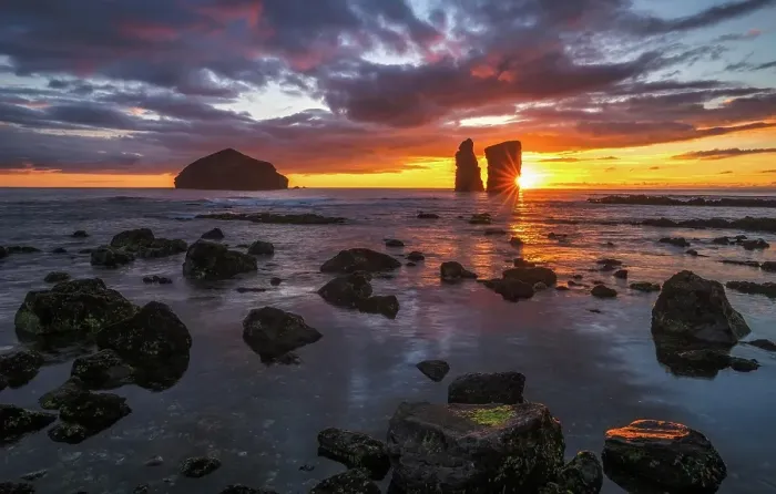 Framed Print : Sunset behind rock formation on the beach of Mosteiros on the west coast of Sao Miguel, Azores, Portugal, Europe