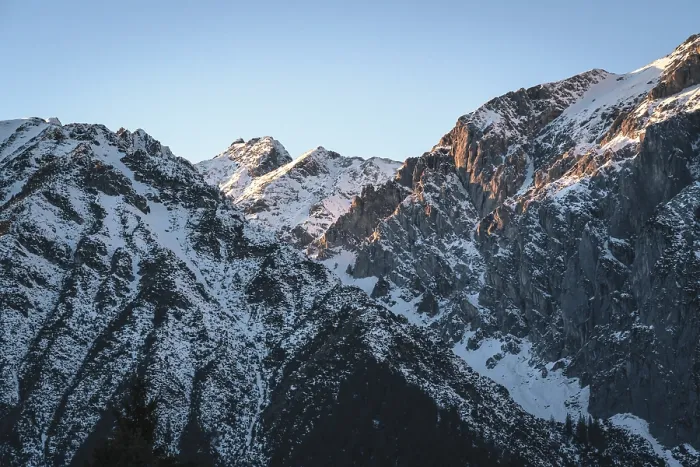 Framed Print : Sunset in rocky mountains with cloudless blue sky in Austrian Alps in Mieming